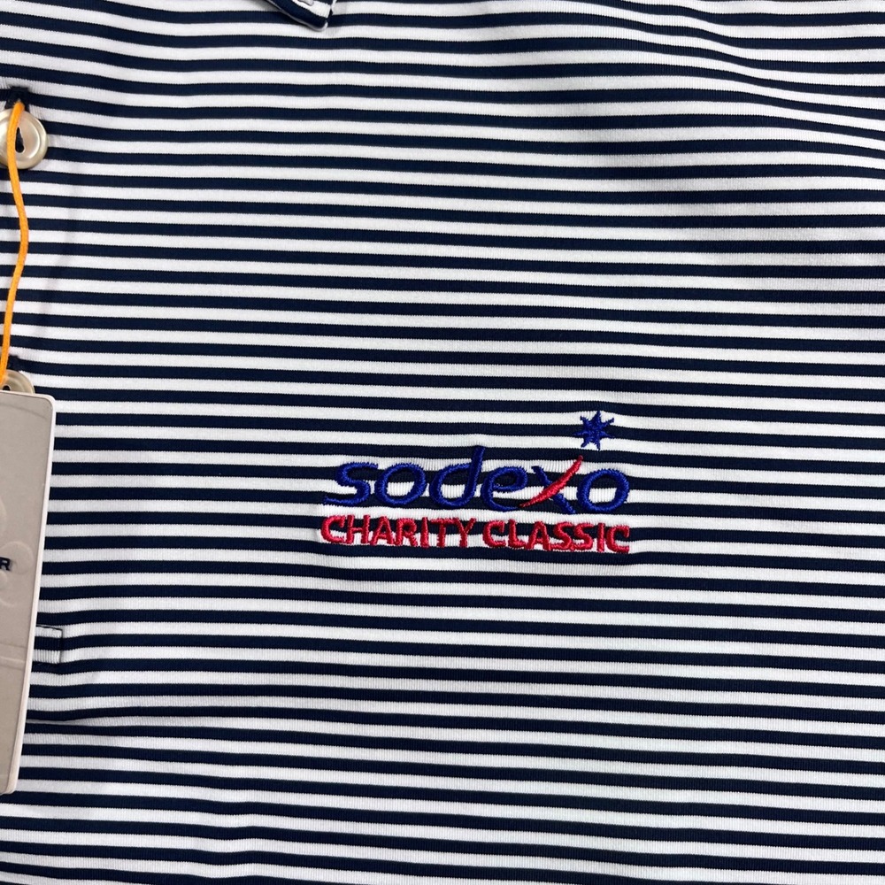 Peter Millar Summer Comfort Polo Shirt Mens XL Navy White Stripe Sodexo Charity - Picture 3 of 10